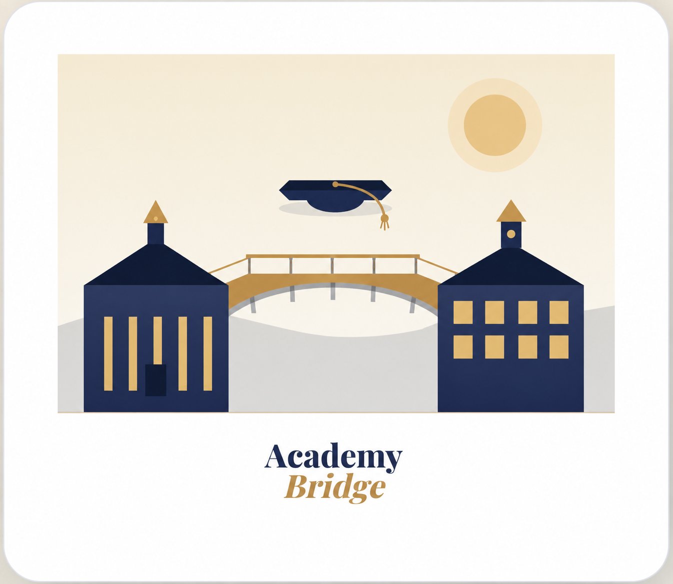 AcademyBridge — two campus buildings connected by a golden arch bridge with a graduation cap above